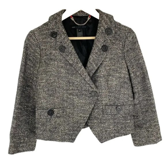 Marc by Marc Jacobs Size 8 Black & White Tweed Double-Breasted Cropped Jacket - Picture 2 of 10